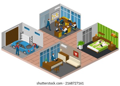 Couple Daily Life, Man And Woman Together, Isometric Home Routine And Everyday Leisure Activity. Couple Daily Life Breakfast Eating, Watching TV And Jogging Sport In Park, Cooking And Shopping