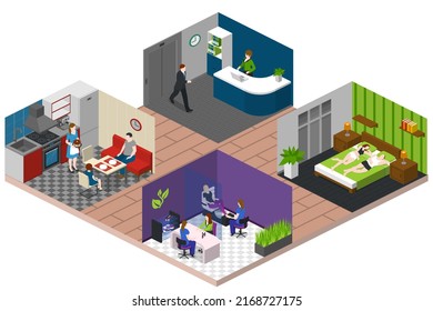 Couple Daily Life, Man And Woman Together, Isometric Home Routine And Everyday Leisure Activity. Couple Daily Life Breakfast Eating, Watching TV And Jogging Sport In Park, Cooking And Shopping