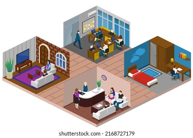 Couple Daily Life, Man And Woman Together, Isometric Home Routine And Everyday Leisure Activity. Couple Daily Life Breakfast Eating, Watching TV And Jogging Sport In Park, Cooking And Shopping