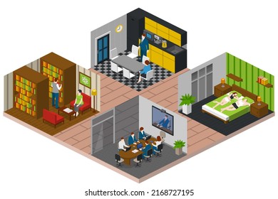 Couple Daily Life, Man And Woman Together, Isometric Home Routine And Everyday Leisure Activity. Couple Daily Life Breakfast Eating, Watching TV And Jogging Sport In Park, Cooking And Shopping