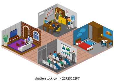 Couple Daily Life, Man And Woman Together, Isometric Home Routine And Everyday Leisure Activity. Couple Daily Life Breakfast Eating, Watching TV And Jogging Sport In Park, Cooking And Shopping