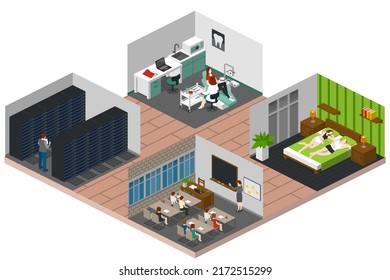 Couple Daily Life, Man And Woman Together, Isometric Home Routine And Everyday Leisure Activity. Couple Daily Life Breakfast Eating, Watching TV And Jogging Sport In Park, Cooking And Shopping