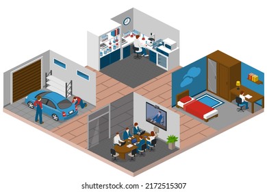 Couple Daily Life, Man And Woman Together, Isometric Home Routine And Everyday Leisure Activity. Couple Daily Life Breakfast Eating, Watching TV And Jogging Sport In Park, Cooking And Shopping