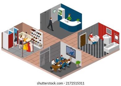 Couple Daily Life, Man And Woman Together, Isometric Home Routine And Everyday Leisure Activity. Couple Daily Life Breakfast Eating, Watching TV And Jogging Sport In Park, Cooking And Shopping