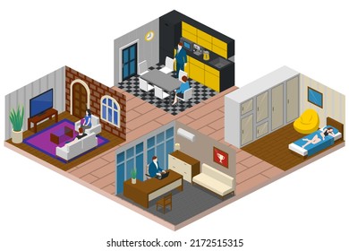 Couple Daily Life, Man And Woman Together, Isometric Home Routine And Everyday Leisure Activity. Couple Daily Life Breakfast Eating, Watching TV And Jogging Sport In Park, Cooking And Shopping