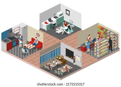 Couple Daily Life, Man And Woman Together, Isometric Home Routine And Everyday Leisure Activity. Couple Daily Life Breakfast Eating, Watching TV And Jogging Sport In Park, Cooking And Shopping