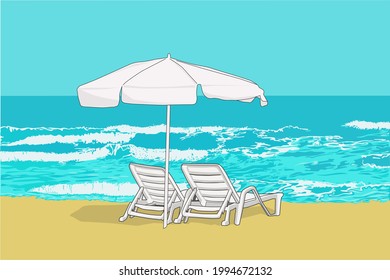 A couple of deck chairs with an umbrella on the sandy beach