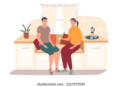 Couple Drinking Coffee In Home Kitchen Web Concept. Man And Woman Sitting On Window Seat Talking And Drinking Hot Beverage. People Scenes Template. Illustration Of Characters In Flat Design