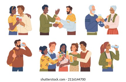 Couple drinking wine, friends meeting with beer. characters with cocktails celebrating and cheering. Senior personages with champagne. Student with bottle of water rehydrating organism - Powered by Shutterstock