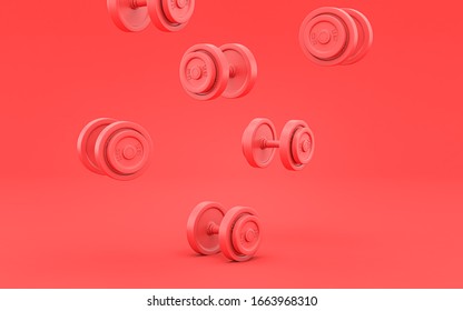 A Couple Of Dumbbells Fall Down On The Floor In The Floor In Pink Background, Solid Background,  Single Color, 3d Rendering For Presentation, Social Media