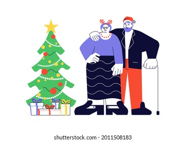 Couple of elderly people are hugging standing together near Christmas tree  portrait. Merry Christmas and Happy New Year card illustration. - Powered by Shutterstock