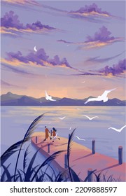 Couple Enjoying Evening In The Lake Anime Digital Art Illustration Painting Wallpaper