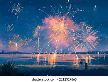 Couple Enjoying Firework Anime Digital Art Illustration Painting Wallpaper