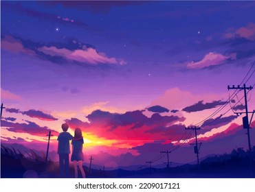 Couple Enjoying Night Sky Anime Digital Stock Illustration 2209017121 ...