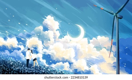 couple enjoying themself under the open sky and watching moon painting - Powered by Shutterstock