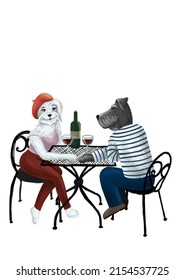 Couple In French Cafe Cute Dog Illustration 