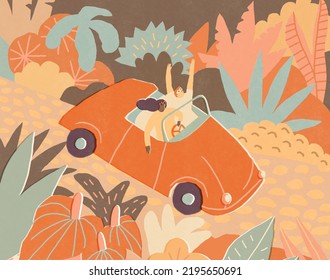 Couple Of Friends On The Summer Road Trip, Driving Cabriolet Car On A  Jungle Road And Enjoying A Ride.