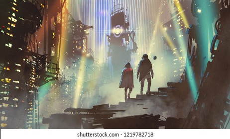 couple in the futuristic city at night with buildings and light beams, digital art style, illustration painting