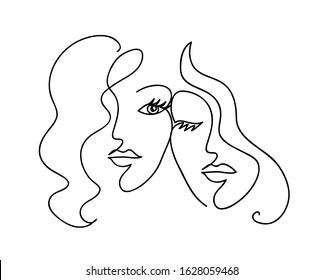 Couple girlfriend and sisters. Woman face with wavy hair. Fashion,friendship and love concept. Black and white hand drawn line art. Abstract outline  illustration.