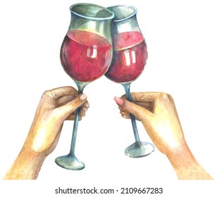 Couple hands with glasses of wine. Watercolor painting isolated 
on white background. - Powered by Shutterstock