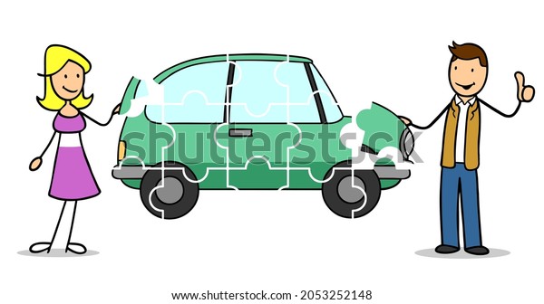 Couple Holding Car Puzzle Pieces as Car Buying\
and Financing\
Concept