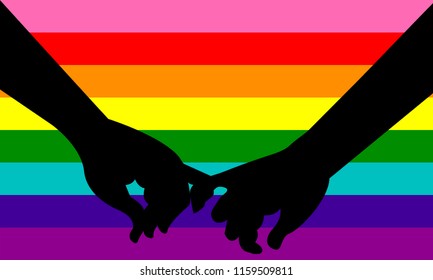 Couple holding hands with Gay pride flag or LGBT flag. 
