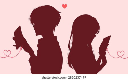 A couple in love, back-to-back, using their smartphones.