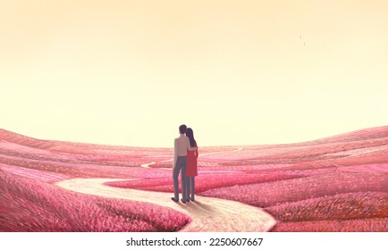 Couple in love in fantasy pink nature landscape. Concept art of wedding, and Valentine's day. Conceptual 3d illustration. painting artwork. - Powered by Shutterstock