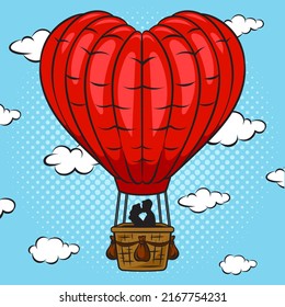 Couple In Love Flies In Heart Air Balloon Pop Art Retro  Illustration. Comic Book Style Imitation.