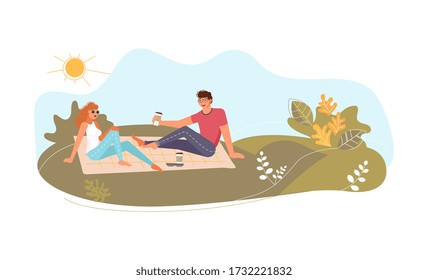 Couple in love or friends at picnic. Young smiling man and woman drink coffee on lawn park. Cute funny people have relax. Flat Art Rastered Copy - Powered by Shutterstock