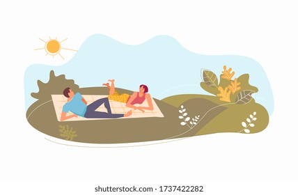 Couple in love or friends at picnic. Young smiling man and woman are talking on park lawn. Cute funny people have relax. Flat Art Rastered Copy - Powered by Shutterstock