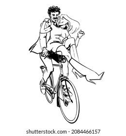 Couple in love bicycle  The woman is  riding the handlebars his bike   gives the man kiss  Both are fashionably well dressed to go out date  