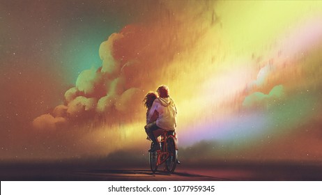 couple in love riding on bicycle against night sky with colorful clouds, digital art style, illustration painting