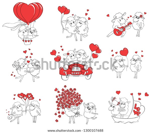 Couple in love. Set of funny pictures happy\
sheep. Idea for greeting card with Happy Wedding or Valentine\'s\
Day. Cartoon doodle\
illustration