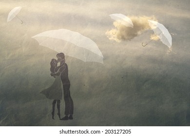 couple in love under an umbrella  texture paper  vintage  romance   man   woman in love