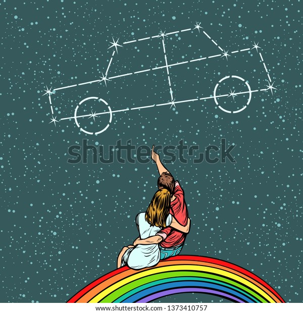 Couple man and woman dreaming\
of a car. Pop art retro comics cartoon  illustration kitsch\
drawing