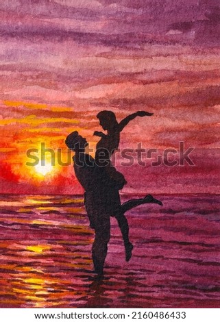 Couple man and woman on the ocean beach. Love and kiss. Spring break or Summer vacations in Florida. Red Sky and colorful sunset on background. Watercolor painting. Acrylic drawing art.
