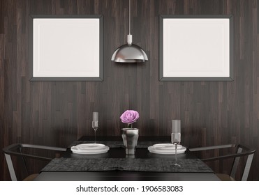 A couple of mock up poster frame in modern wooden interior background in dining room with table chair and flowers, 3D render, 3D illustration