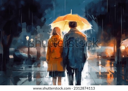 Couple in the night under an umbrella, man, woman walking through a night city, painted in watercolor on textured paper. Digital watercolor painting