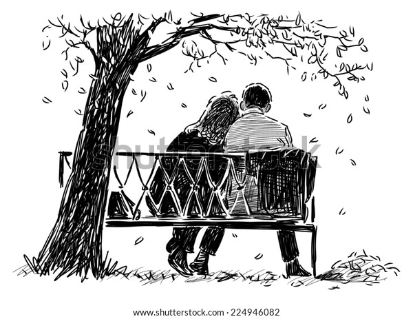 ベンチに座っているカップル のイラスト素材