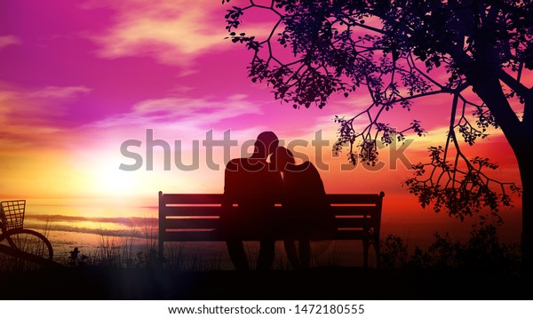 Couple On Bench Under Tree Watching Stock Illustration 1472180555