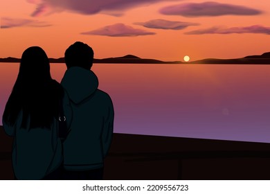 A Couple Is On A Date At Sunset. Lofi. Aesthetic