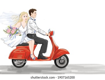 A couple on red Vespa scooter heading to the wedding. The bride is wearing white wedding dress and holding flowers, her hair nicely decorated with a veil. The groom is dressed elegantly.