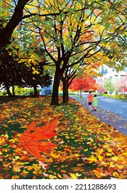 Couple At Park During Colorful Autumn Red Leaf And Flower From Tree Anime Digital Art Illustration Painting Wallpaper