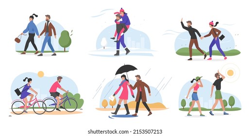 Couple People Walk Outdoor In Different Weather Illustration Set. Cartoon Man Woman Characters Cycling In Park, Walking In Summer Heat, Winter Cold, Spring Autumn Rain Season Isolated On White