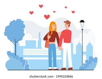 Couple People Walk Outdoor Illustration. Cartoon Happy Young Woman Man Lover Characters Holding Hand Together, Adult Persons Walking On City Street With Loving Hearts Overhead Isolated On White