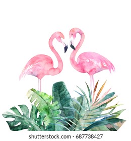 Couple pink flamingos. Watercolor print for invitation, birthday, celebration, greeting card