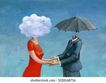 Couple In Profile, She Has A Cloud Instead Of The Head, He An Umbrella, Relationship Between Opposites Archetypes Of Masculine And Feminine Surreal Illustration