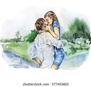 Couple In The Rain.Hand Drawn Watercolor Illustration