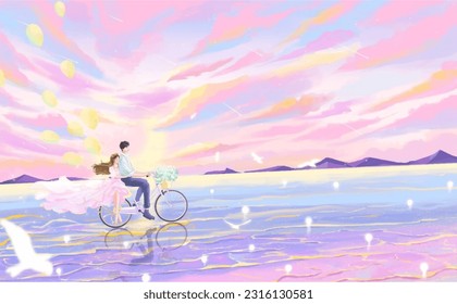 couple riding bicycle in beach with birds - Powered by Shutterstock